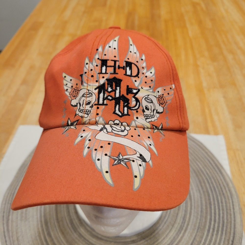 🏍EUC~ HARLEY-DAVIDSON Orange Graphic Baseball Cap